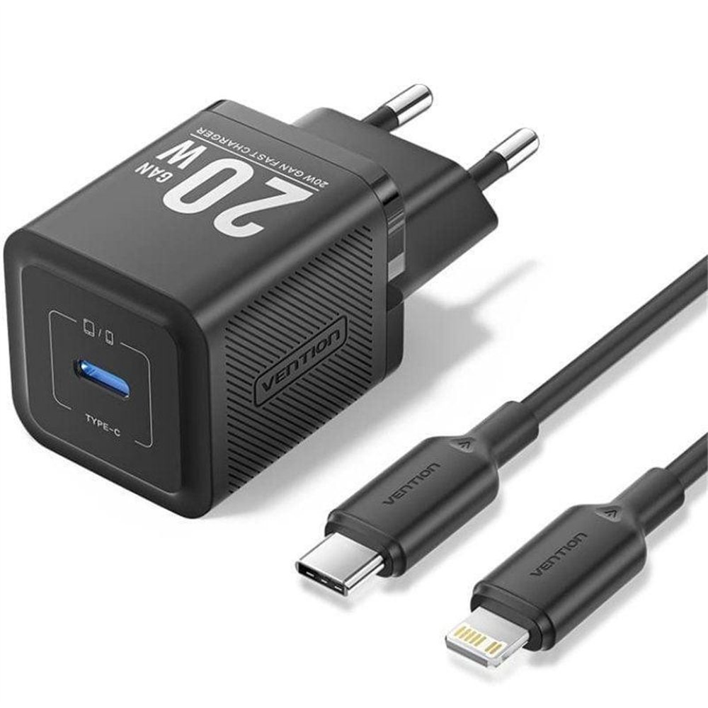cargador de pared vention gan usb-c 20w black + cable ucb-c - lightning 1m black