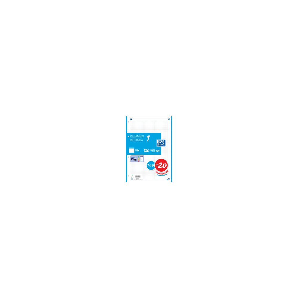 oxford recambio 100h + 20h gratis 4 taladros a4 90gr 5x5 1 banda turquesa