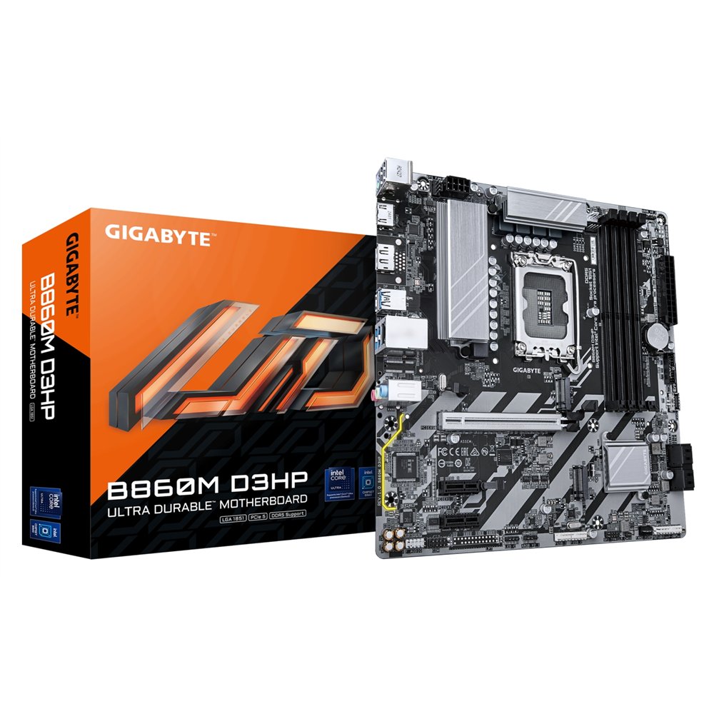 gigabyte b860m d3hp placa base - cpus intel core ultra, vrm de 4+1+2+1 fases, hasta 9066mhz ddr5, 2xpcie 4.0 m.2, lan gbe, usb 3