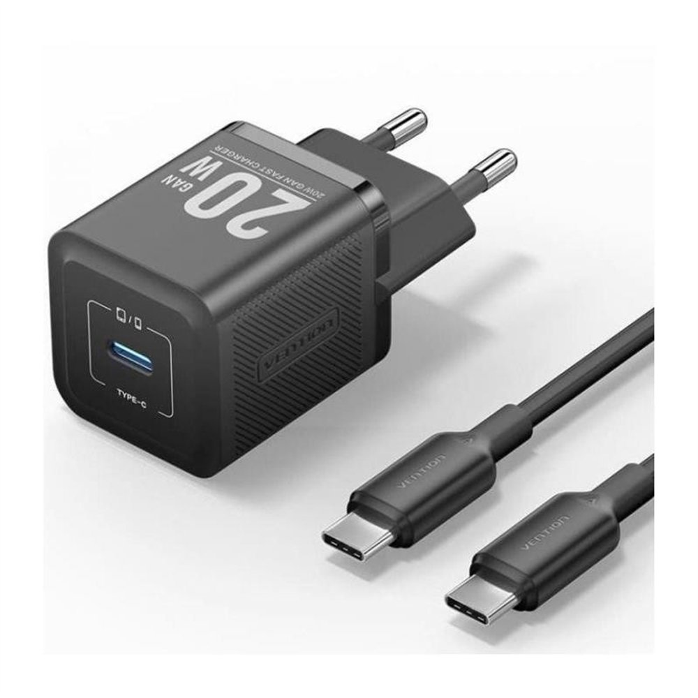 cargador de pared vention gan usb-c 20w black + cable ucb-c 1m black