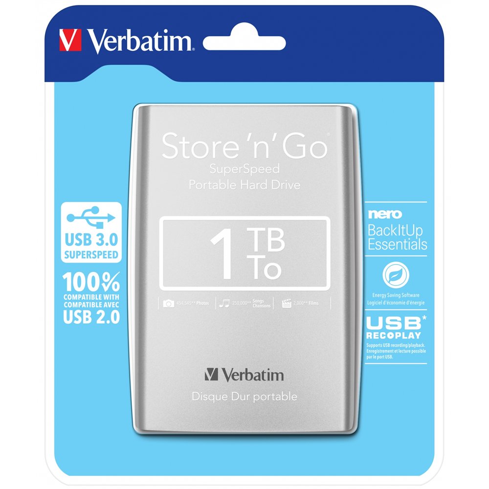 disco externo verbatim disco duro portátil store 'n' go usb 3.0 de 1 tb en color plateado 53071