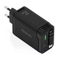 aisens cargador gan 65w, 1xusb-c cable retractil, 1xusb-c pd3.0, 1xusb-a qc3.0, negro