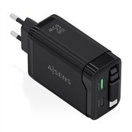 aisens cargador gan 65w, 1xusb-c cable retractil, 1xusb-c pd3.0, 1xusb-a qc3.0, negro