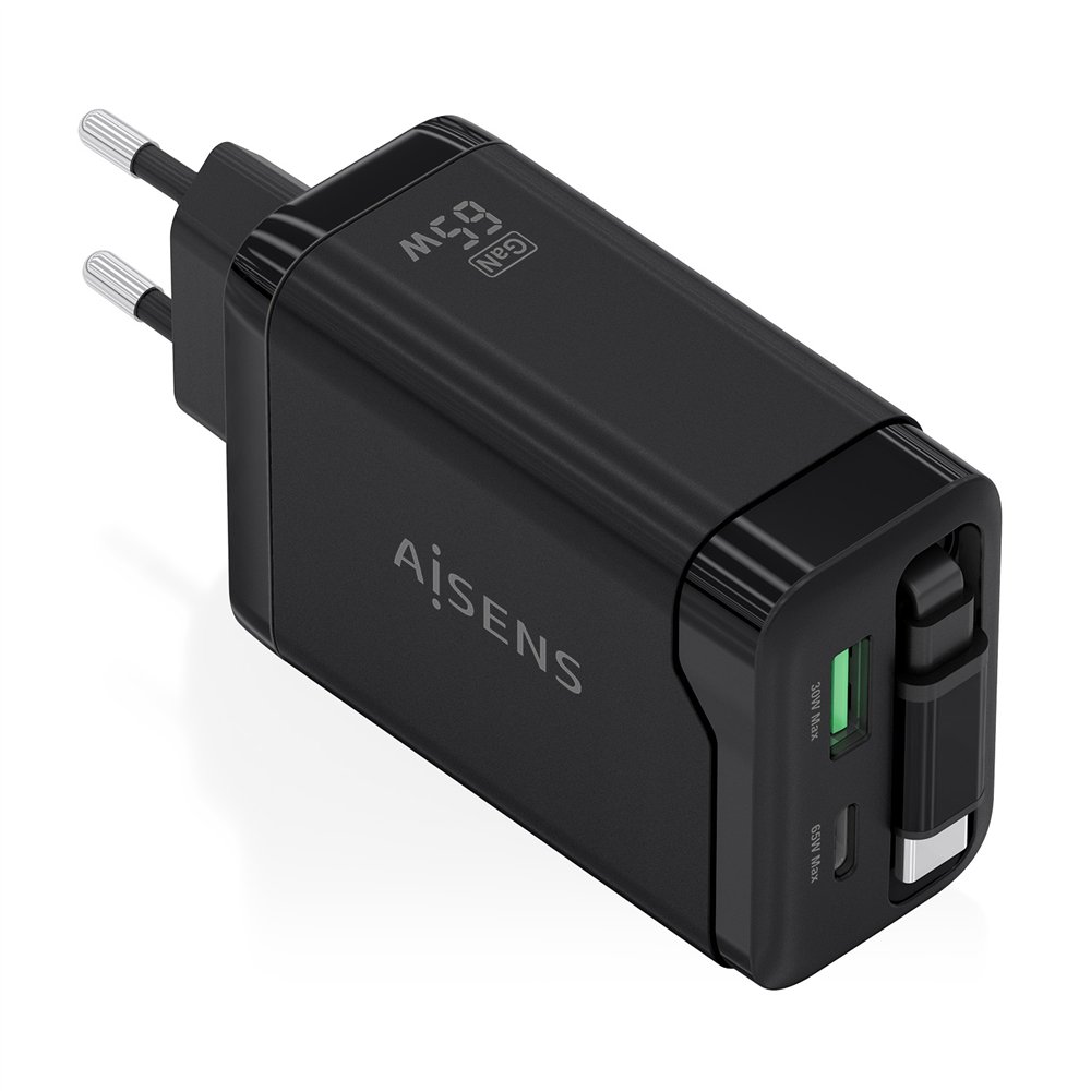 aisens cargador gan 65w, 1xusb-c cable retractil, 1xusb-c pd3.0, 1xusb-a qc3.0, negro