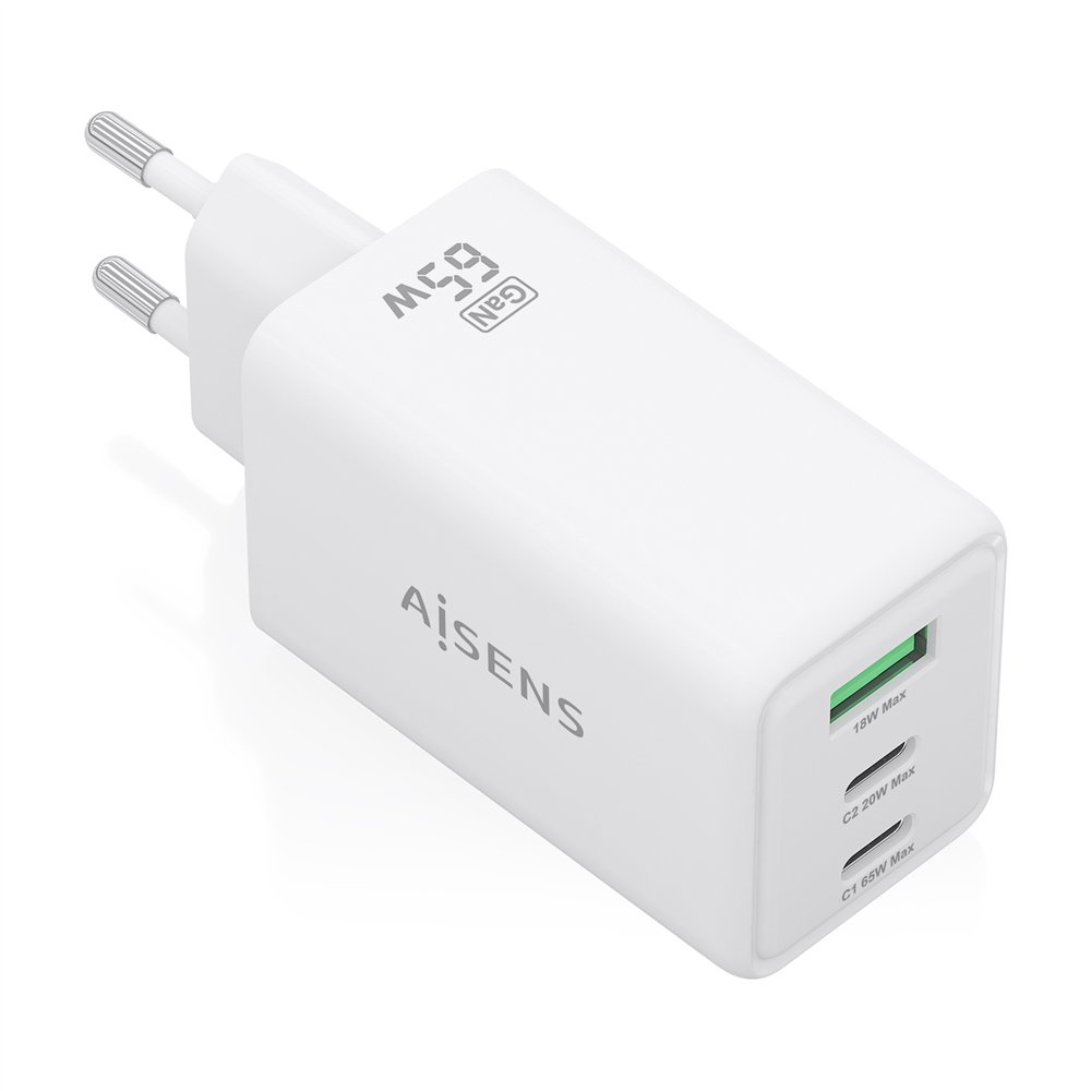 aisens cargador gan 65w, 2xusb-c pd3.0 qc4.0, 1xusb-a qc3.0, blanco