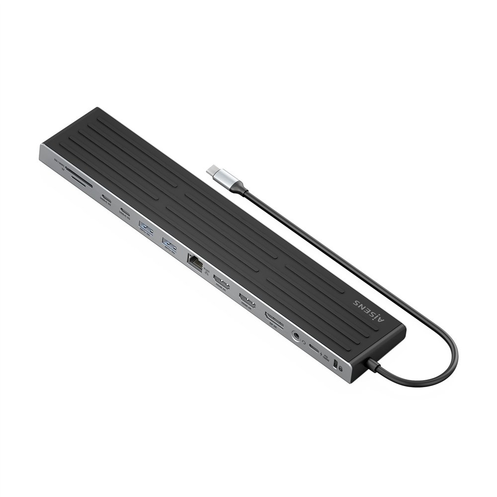 aisens usb-c dock 13 en 1, usb-c a 2xhdmi, 1xdisplayport, 1xrj45, 3xusb-a, 2xusb-c, 1xusb-c pd, 1xsd, 1xmicro sd, 1xaudio, 1xran
