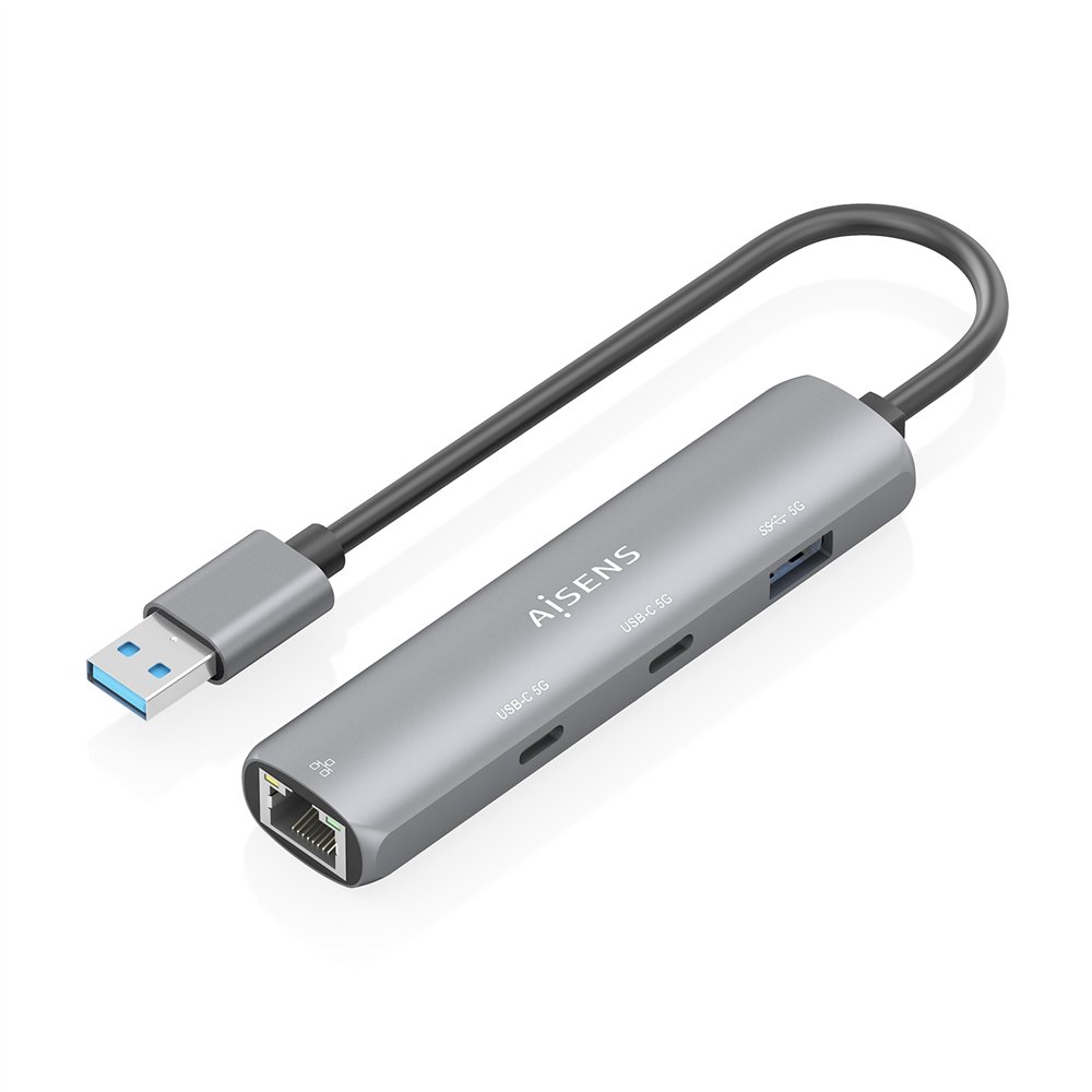 aisens usb3.0 dock usb-a a ethernet gigabit + hub 2xusb-c+1xusb-a, gris, 15cm