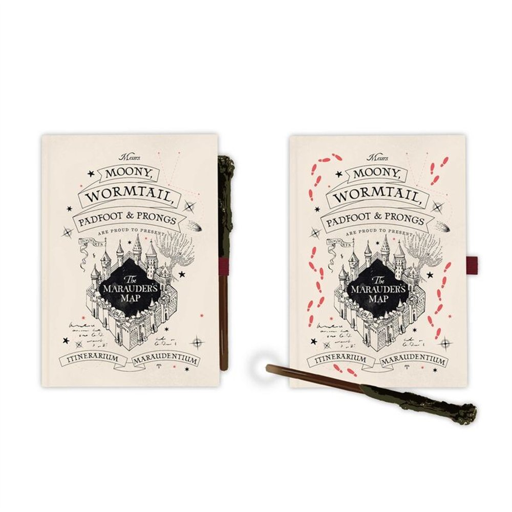 cuaderno a5 premium + boligrafo varita mapa del merodeador harry potter