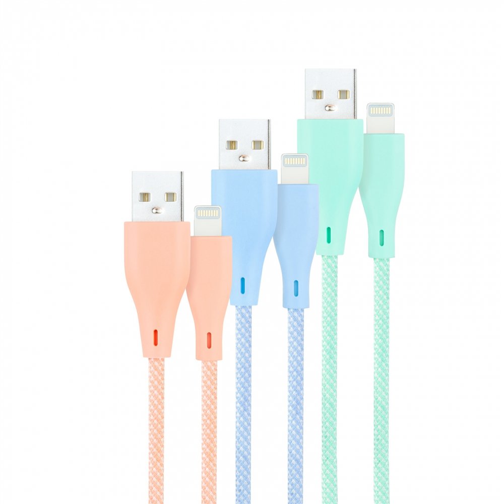 nanocable 3 cables lightning a usb 2.0, lightning/m-usb a/m, mallados, rosa, azul y verde, 1 m