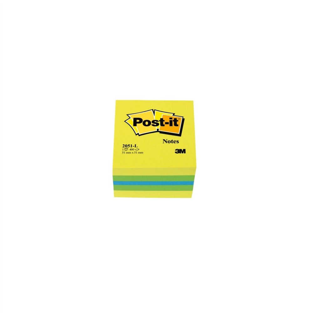 notas adhesivas post-it mini cubo 51 x 51 mm amarillo limon compuesto por los colores amarillo, verde y azul. 400 hojas/ cubo ft
