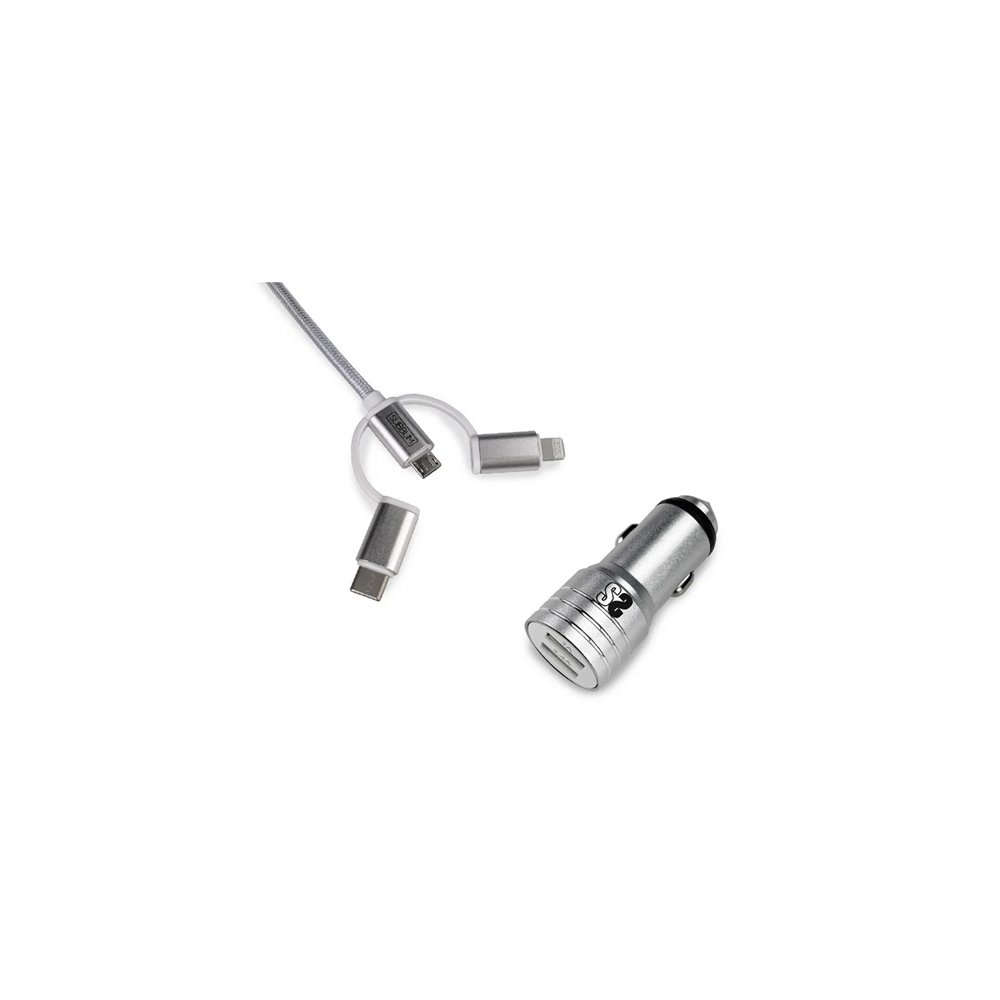 subblim cargador coche dual 2xusb 2.4a + cable 3 in 1 plata
