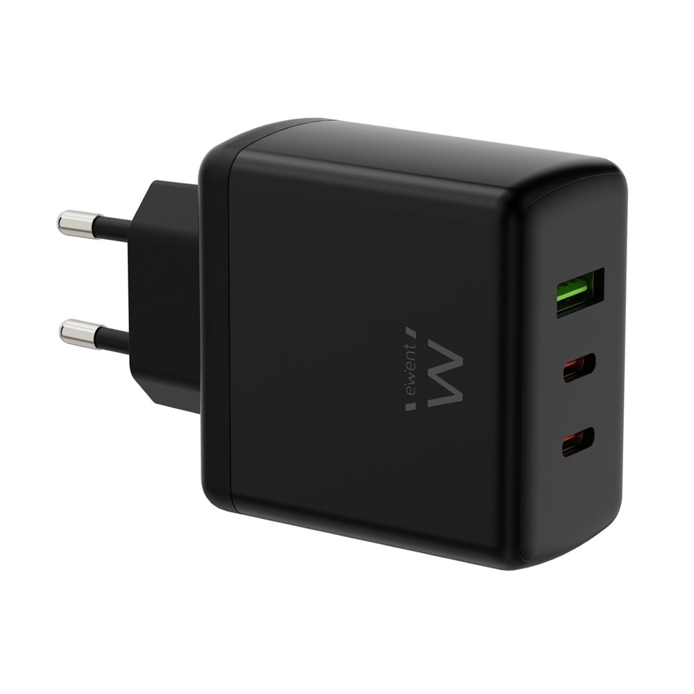 ewent cargador rápido gan de 65w con 3 puertos (2 usb-c pd y 1 usb-a qc), diseño compacto