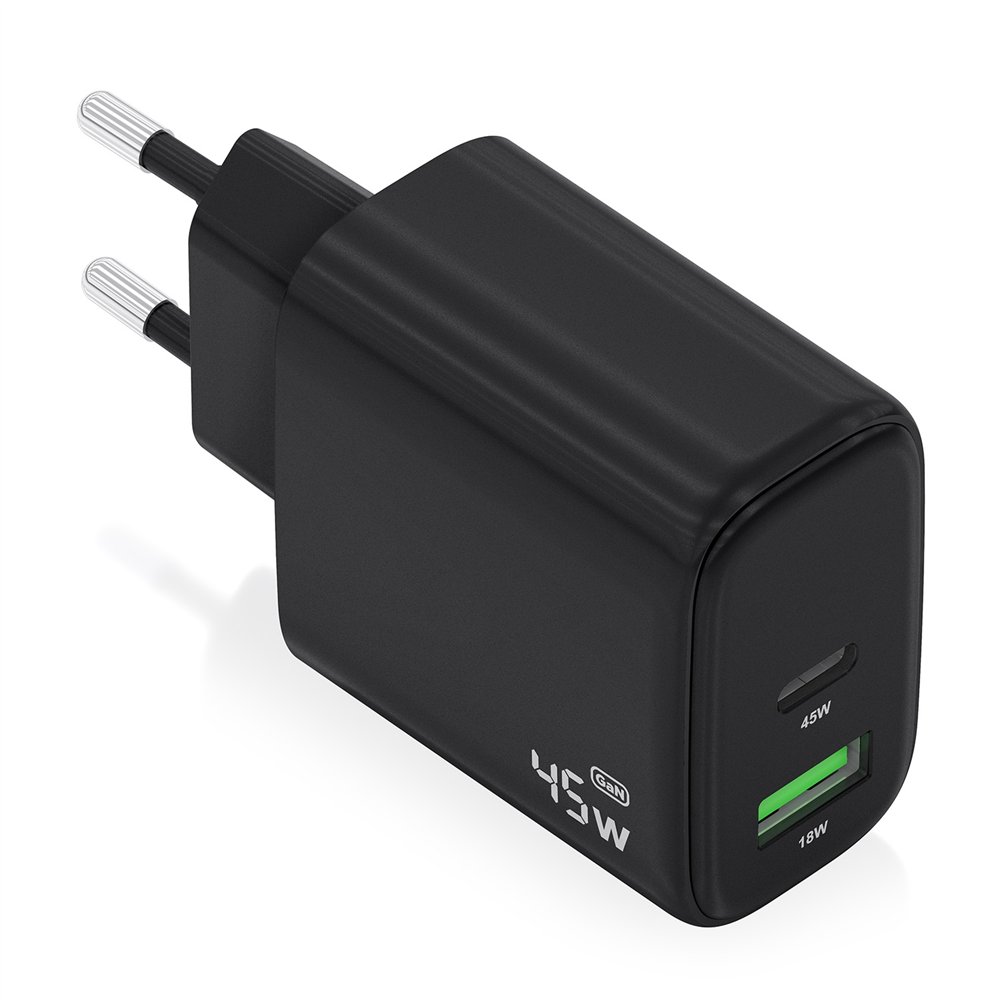 aisens cargador gan 45w, 1xusb-c pd3.0 qc4.0, 1xusb-a qc3.0, negro