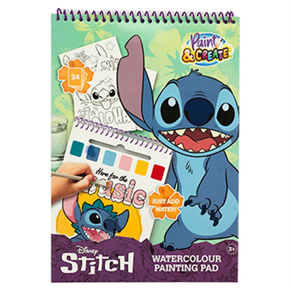 libro dibujo + acuarelas y pincel stitch disney