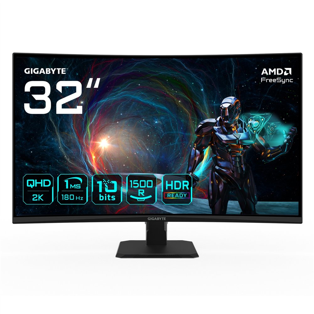 gigabyte gs32qca 31.5" monitor curvo para gaming qhd - 2560 x 1440, 180hz, 1ms, 250 cd/m², freesync, hdr ready, hdmi 2.0, displa