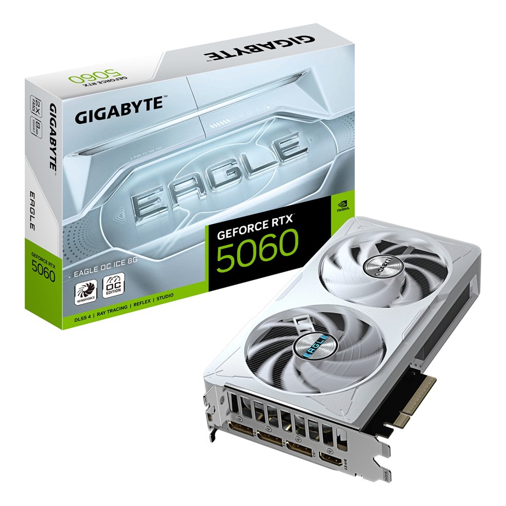 gigabyte geforce rtx 5060 eagle oc ice 8g tarjeta gráfica - 8gb gddr7, 128bit, pci-e 5.0, 2550 mhz frecuencia del núcleo, 3 x di