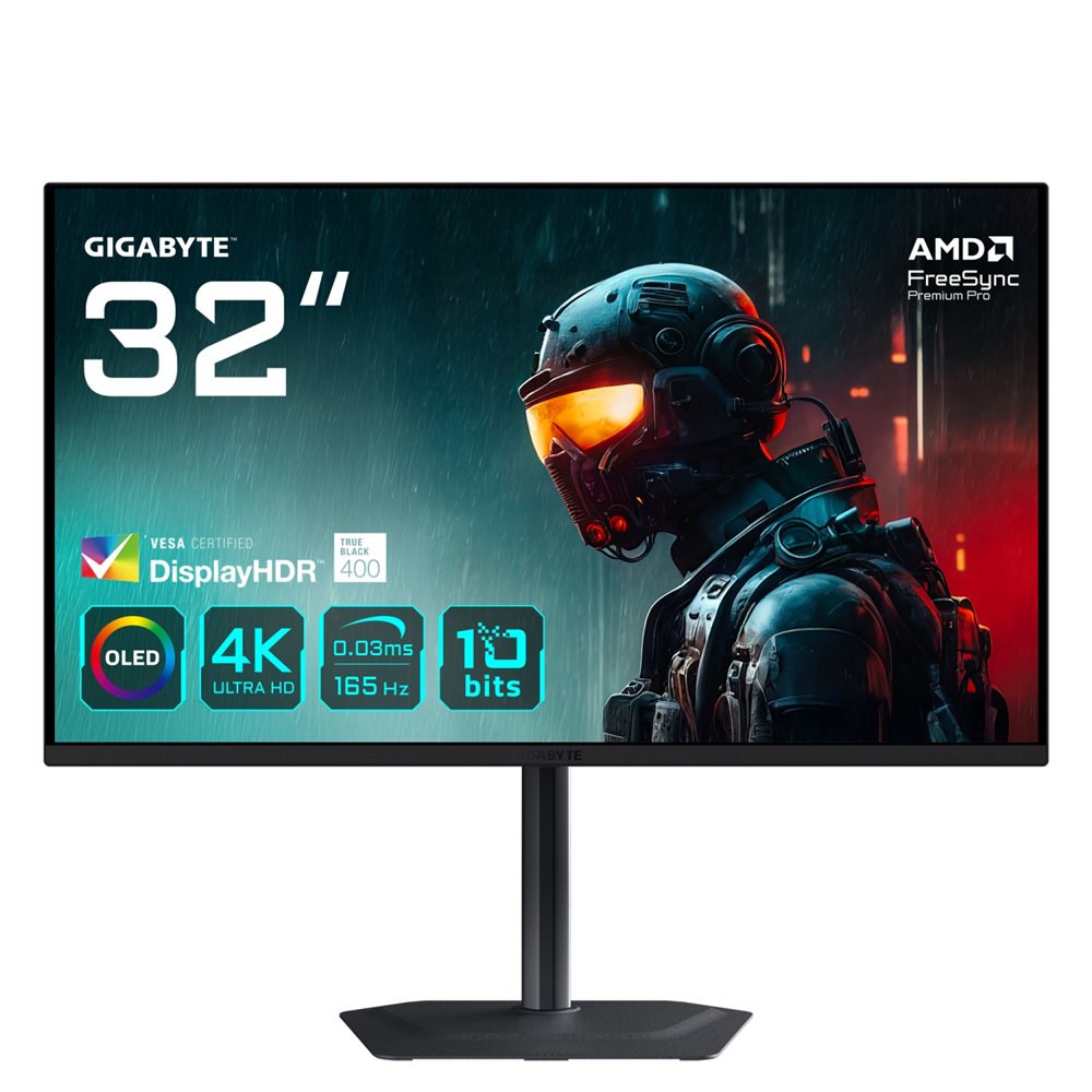 gigabyte mo32u 31,5" monitor gaming oled 4k uhd - 3840 x 2160, 165hz, 0.03ms, 250 cd/m², display hdr true black 400, hdmi 2.1, d