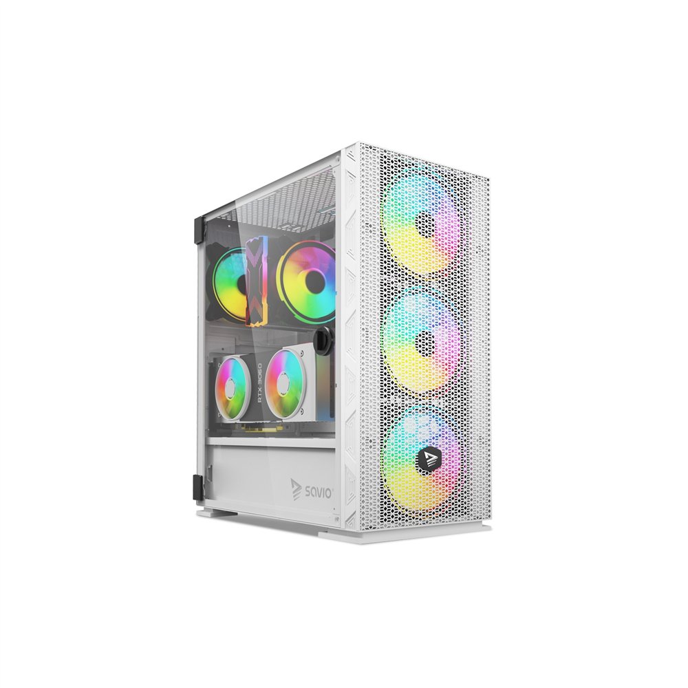savio raptor white x1 argb glass/mesh white computer case midi tower blanco