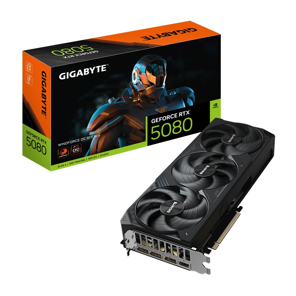 gigabyte geforce rtx 5080 windforce oc sff 16g tarjeta gráfica - 16gb gddr7, 256 bits, pci-e 5.0, 2670mhz frecuencia base, 3 x d