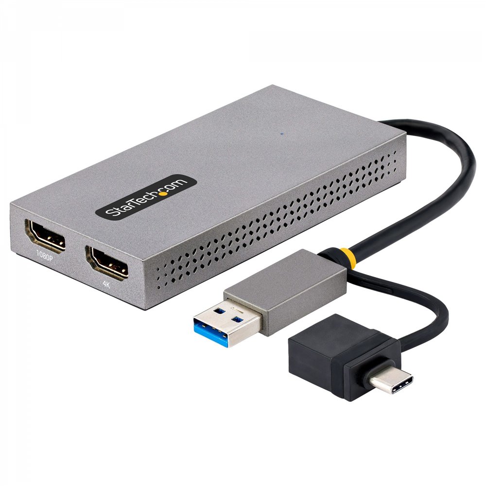startech.com adaptador de usb a hdmi doble, usb a/c a 2 pantallas hdmi (1x 4k30hz, 1x 1080p), dongle integrado usb-a a c, cable 