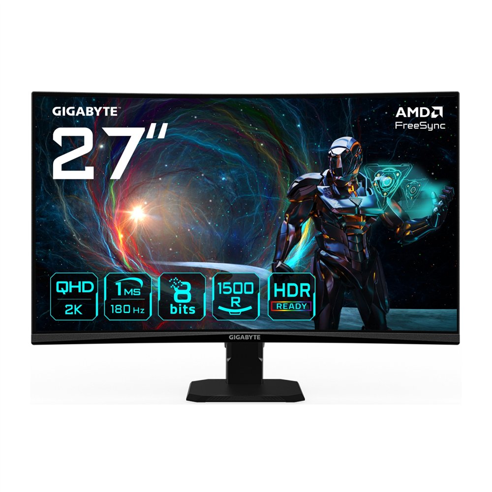 gigabyte gs27qca 27" monitor curvo para gaming qhd - 2560 x 1440, 180hz, 1ms, 250 cd/m², freesync, hdr ready, hdmi 2.0, displayp
