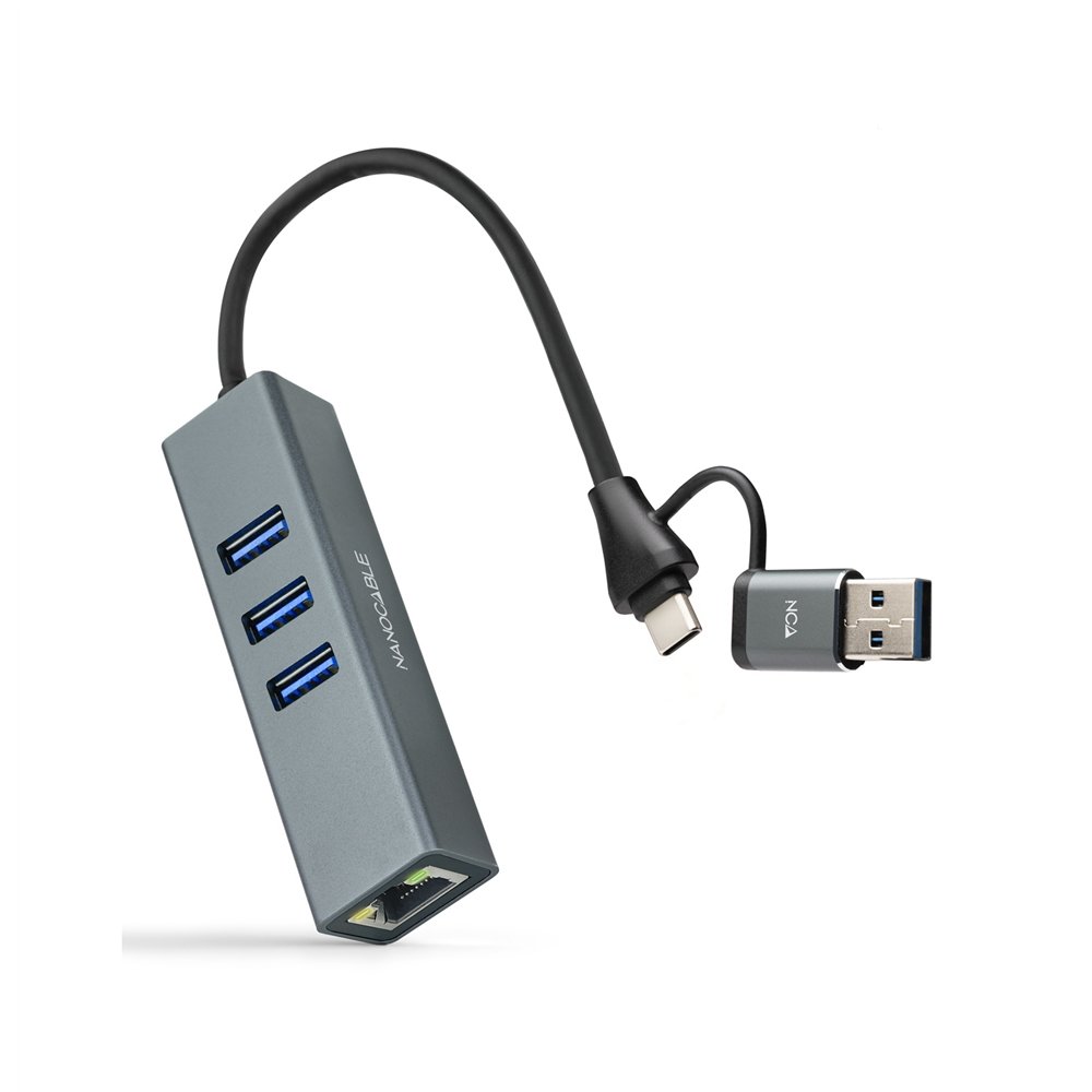nanocable conversor usb-c+usb-a/m 3.0 a ethernet + 3xusb-a 3.0, aluminio, gris, 15 cm