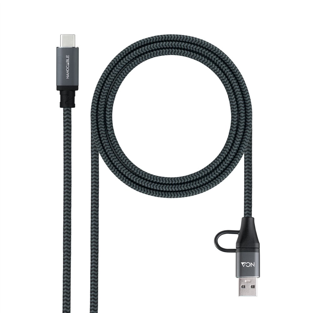 nanocable cable usb 3.2 gen2x2 20gbps 5a/100w, usb-c+usb-a/m a usb-c/m, gris/negro, 2m