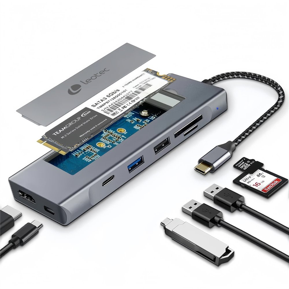leotec docking station 8 en 1 con ranura m.2 para ssd