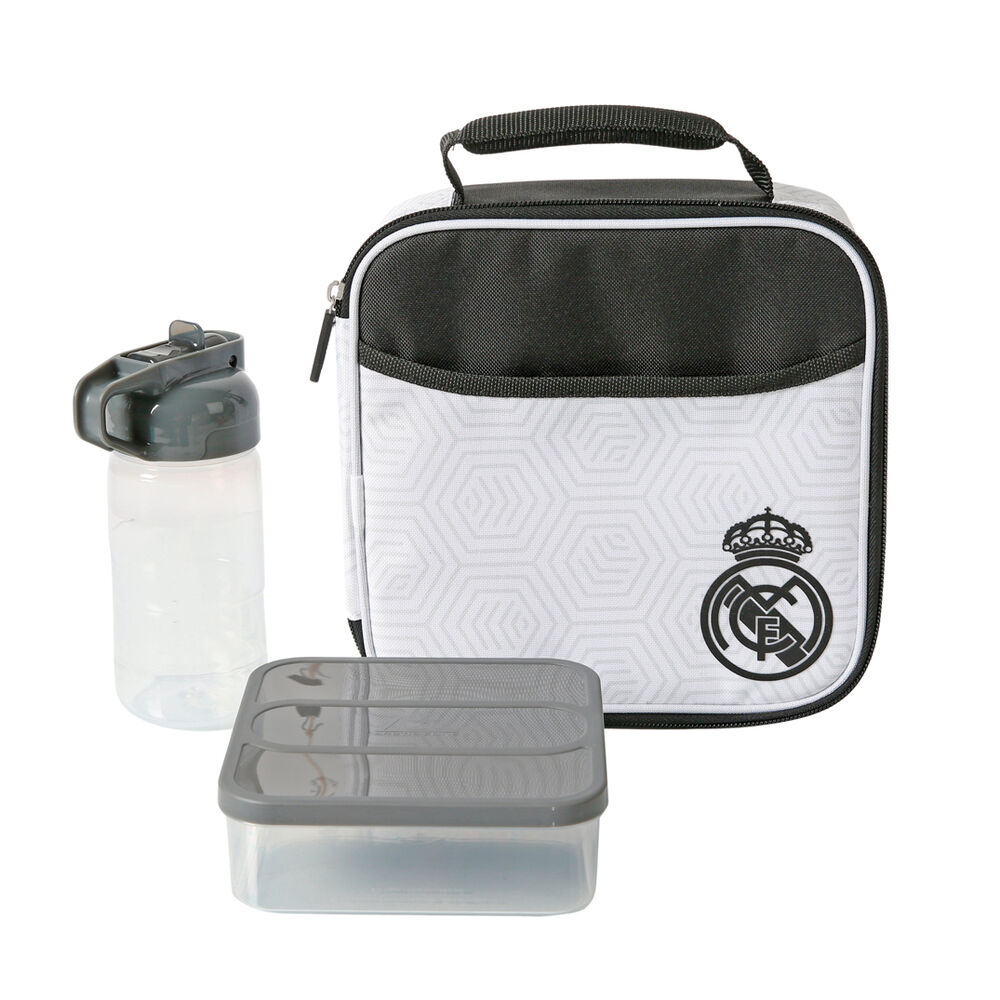 bolsa porta alimentos termica + tupper + botella real madrid