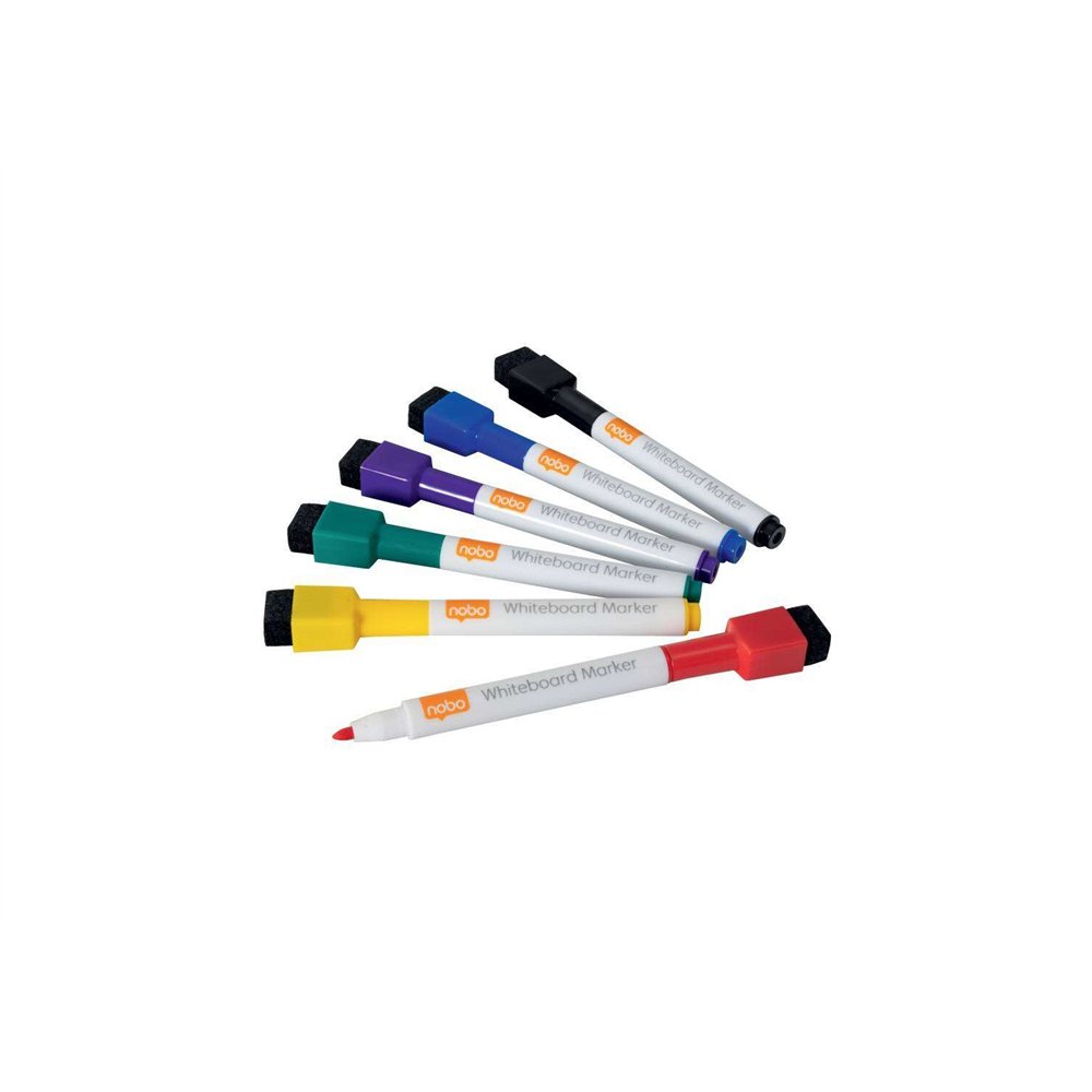 nobo mini rotulador pizarra blanca con tapa borrador magnetica - 6 colores surtidos - punta fina 2mm - destaca en pizarras blanc