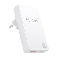aisens cargador de pared gan ultra delgado 65w, 1xusb-c pd3.0 qc4.0, 1xusb-a qc3.0, blanco
