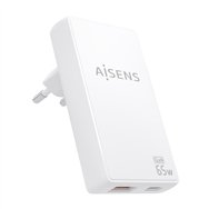 aisens cargador de pared gan ultra delgado 65w, 1xusb-c pd3.0 qc4.0, 1xusb-a qc3.0, blanco