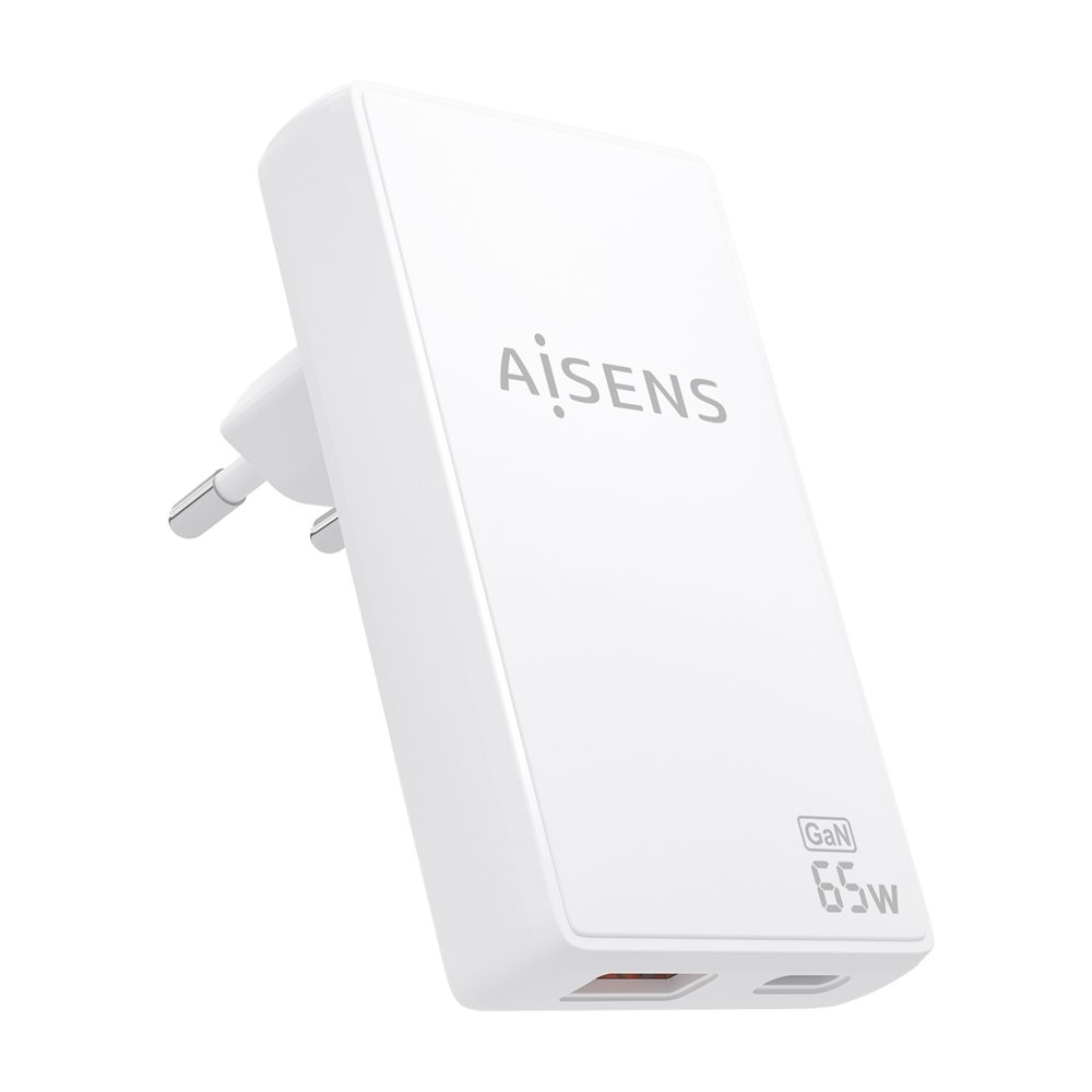 aisens cargador de pared gan ultra delgado 65w, 1xusb-c pd3.0 qc4.0, 1xusb-a qc3.0, blanco