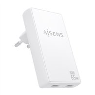 aisens cargador de pared gan ultra delgado 65w, 2xusb-c pd3.0 qc4.0, blanco