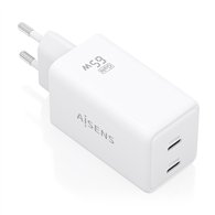 aisens cargador gan 65w, 2xusb-c pd3.0 qc4.0, blanco