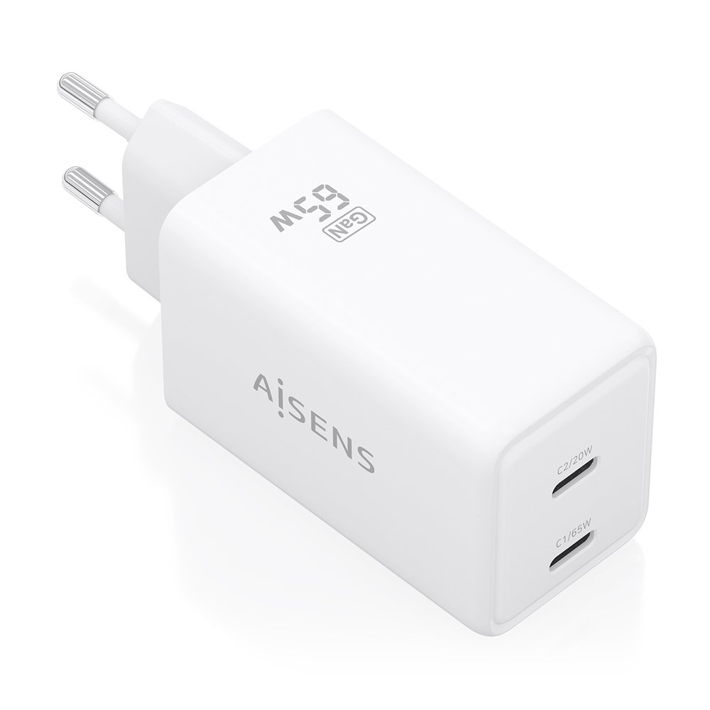 aisens cargador gan 65w, 2xusb-c pd3.0 qc4.0, blanco