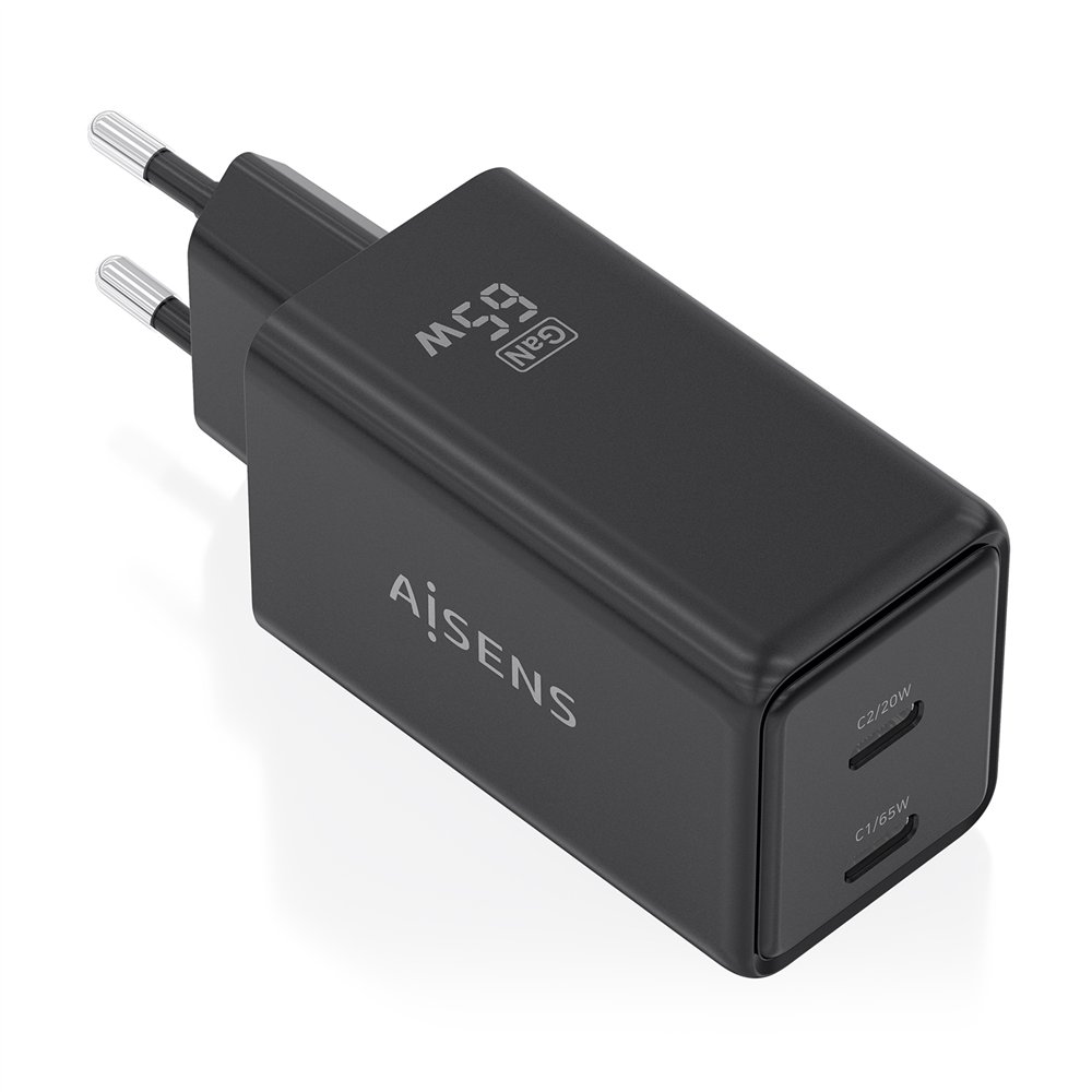 aisens cargador gan 65w, 2xusb-c pd3.0 qc4.0, negro