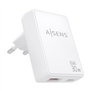 aisens cargador de pared gan ultra delgado 30w, 1xusb-c pd3.0 qc4.0, 1xusb-a qc3.0, blanco