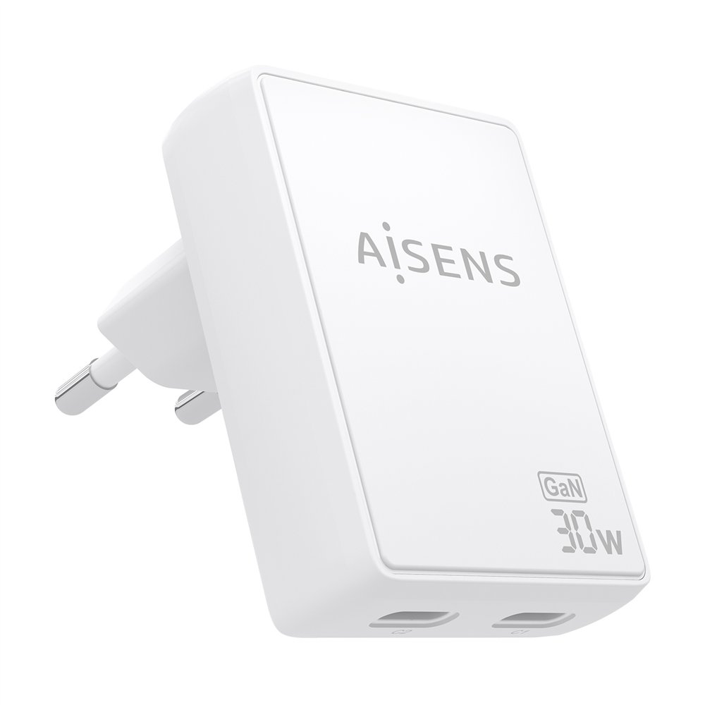 aisens cargador de pared gan ultra delgado 30w, 2xusb-c pd3.0 qc4.0, blanco