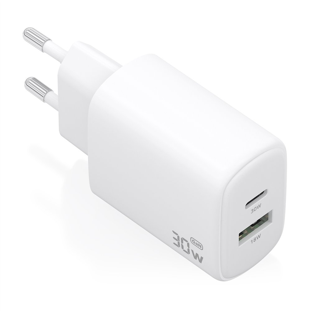 aisens cargador gan 30w, 1xusb-c pd3.0 qc4.0, 1xusb-a qc3.0, blanco