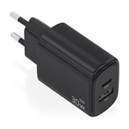 aisens cargador gan 30w, 1xusb-c pd3.0 qc4.0, 1xusb-a qc3.0, negro