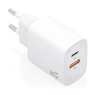 aisens cargador gan 30w, 1xusb-c pd3.0 qc4.0, 1xusb-a qc3.0, blanco