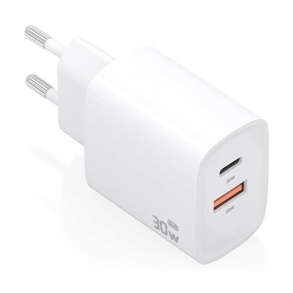 aisens cargador gan 30w, 1xusb-c pd3.0 qc4.0, 1xusb-a qc3.0, blanco