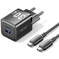 cargador de pared vention gan usb-c + usb-a 30w black + cable ucb-c 1m black