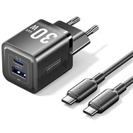 cargador de pared vention gan usb-c + usb-a 30w black + cable ucb-c 1m black