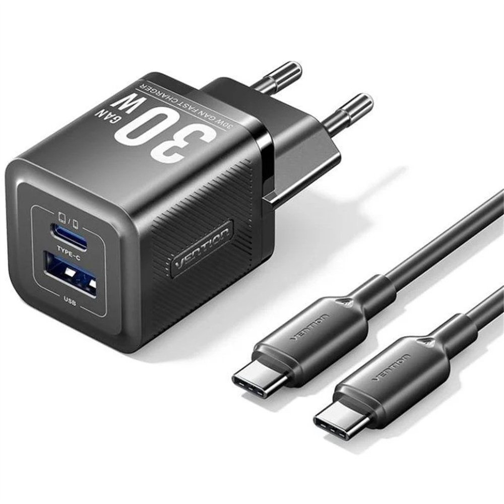 cargador de pared vention gan usb-c + usb-a 30w black + cable ucb-c 1m black