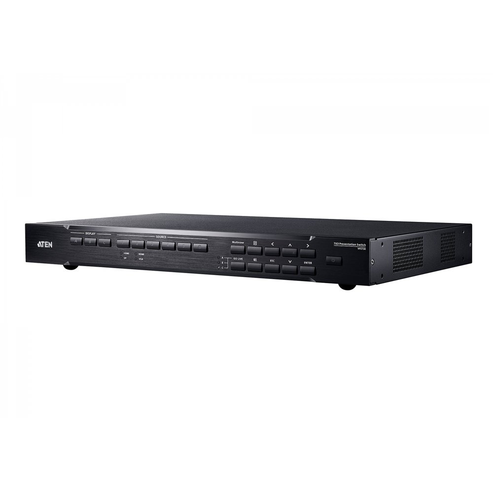 aten switch de presentación 7 x 3 con escalador de ví­deo, streaming, mezclador de audio y hdbaset