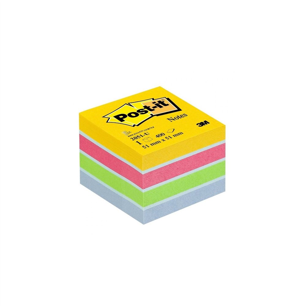 notas adhesivas post-it mini cubo 51x51mm amarillo ultra compuesto por los colores amarillo, rosa, verde y azul. 400hojas/minicu