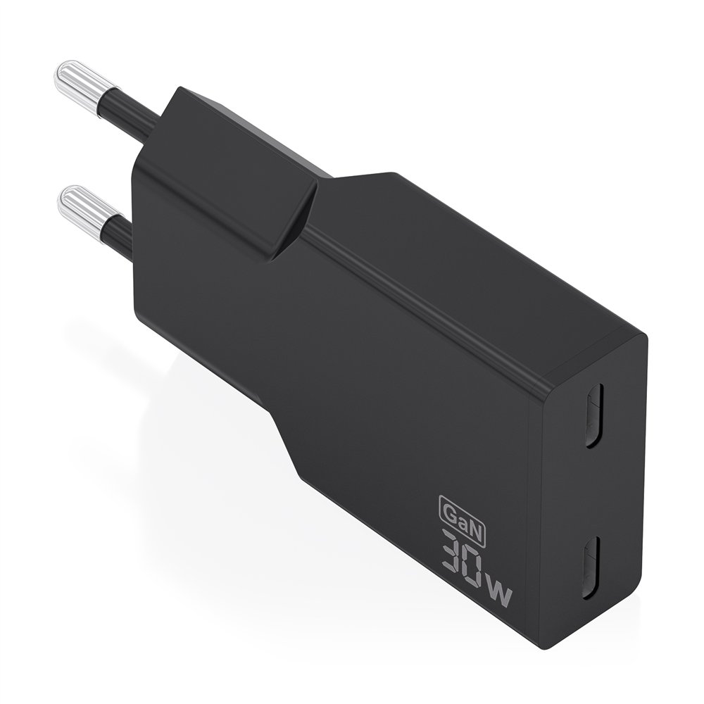 aisens cargador ultra delgado gan 30w, 2xusb-c pd3.0, negro