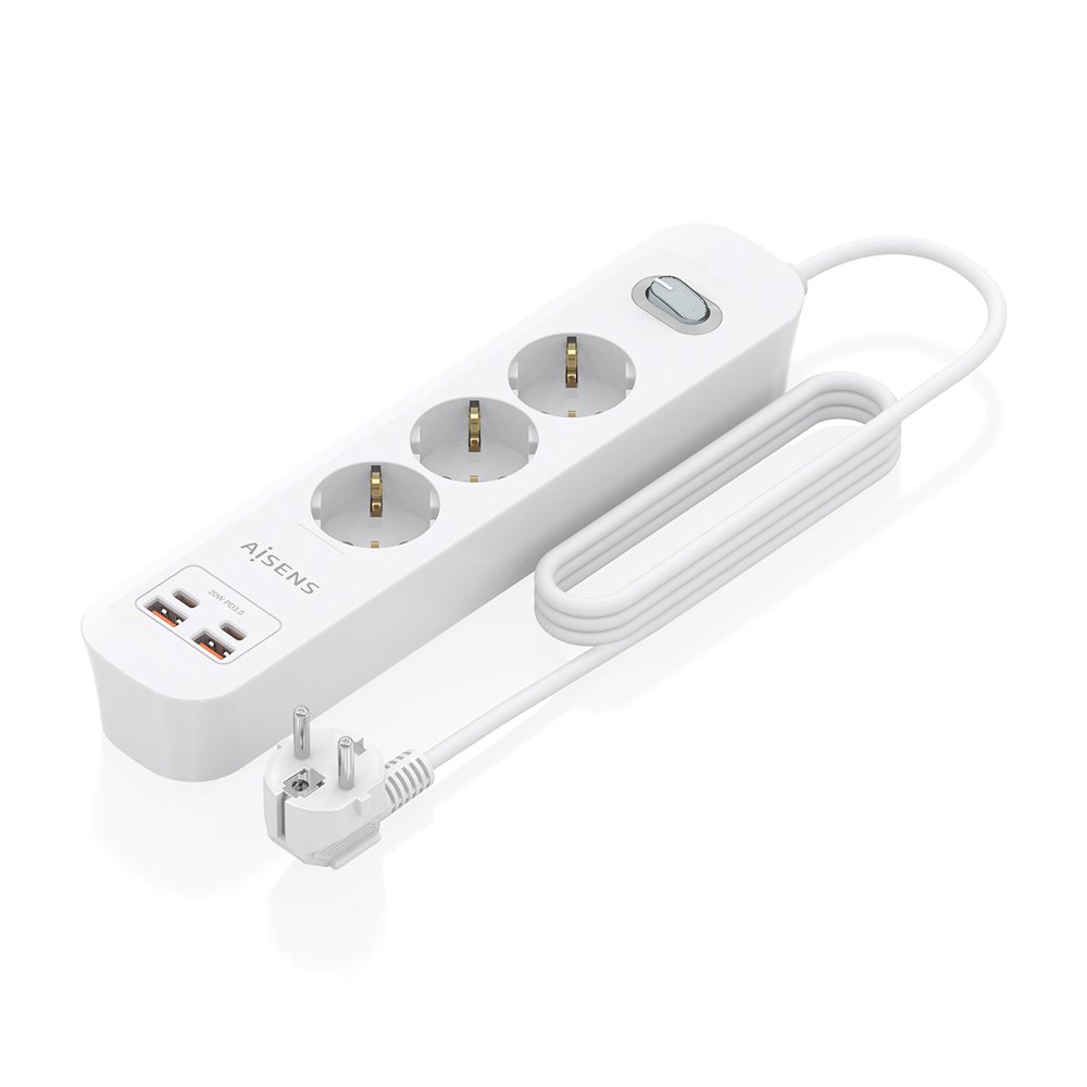 aisens regleta de enchufes multifuncion con 3 tomas + cargador pd3.0 20w 2xusb-c, 2xusb-a, 1.4m, blanco